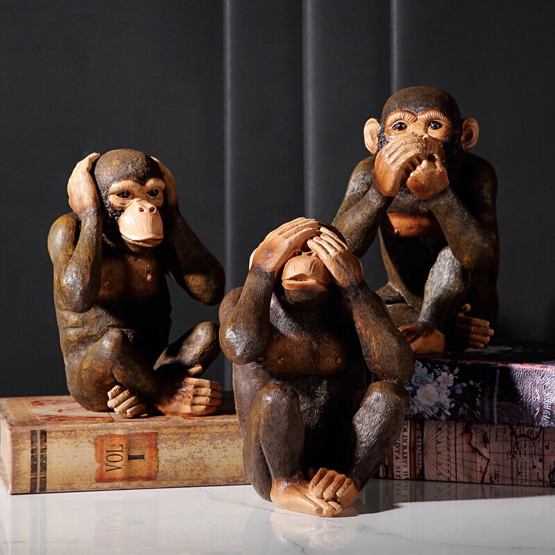 American Creative Animals Orangutan Decoration Retro Three Wise Monkeys Statue Not See Listen Say Gorilla Arts Sculpture Resin Crafts Nordic Living Room Porch Home - 3