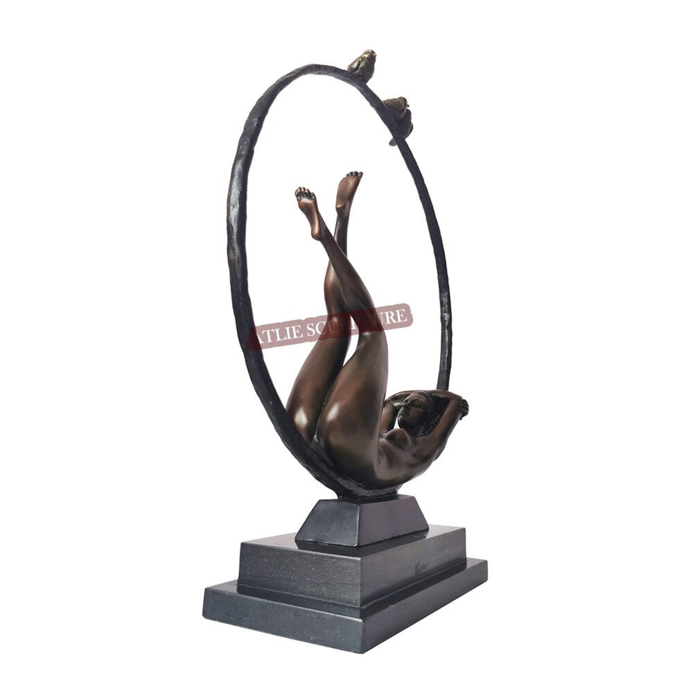 Nude Girl Lying In Bronze Circle Sculpture Statue Sexy Western Female Figurine Vintage Art Home Decor - 6