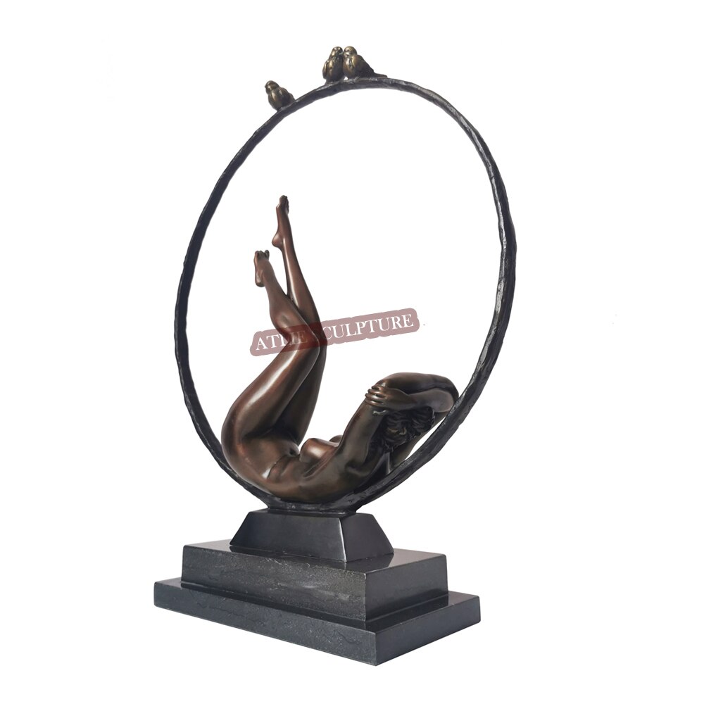 Nude Girl Lying In Bronze Circle Sculpture Statue Sexy Western Female Figurine Vintage Art Home Decor - 2