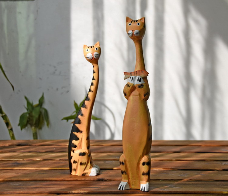 2pc Set Mgt Modern Wooden Cat Sculpture Statues Creative Home Decoration Accessories Stylish Decor - 5