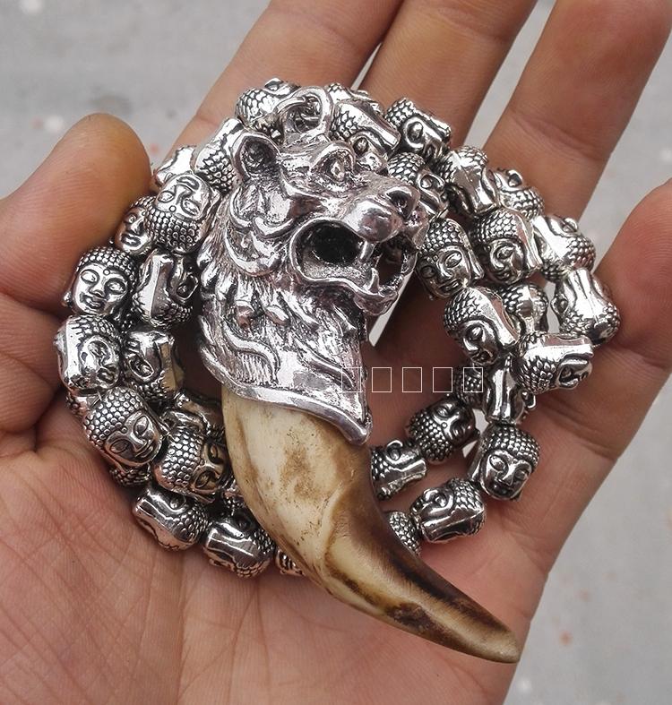 Wolf Tooth Pendant Necklace Double Pack Mens Silver Buddha Head Dog Teeth Charms Peace Protection Jewelry Ideal Birthdayyear Gifts - 6