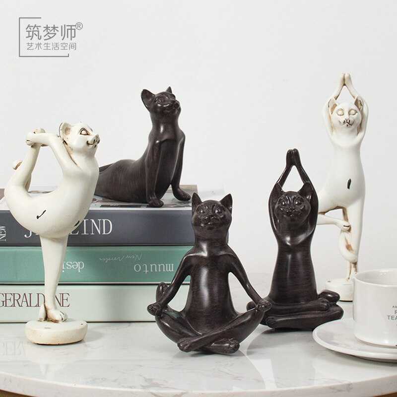 Creative Resin Yoga Cat Figurine Vintage Lucky Statue Home Decor Crafts Room Decoration Objects Animal Sports - 2